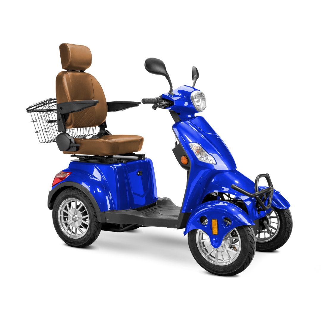 The Bespoke Prestige Recreational 4-Wheel Scooter, featuring a blue frame, brown cushioned adjustable seat with headrest and armrests, rear metal basket, and handlebars, is displayed on a white background.